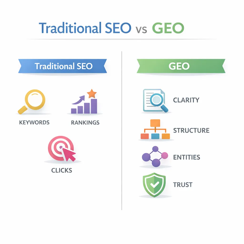 Comparison of traditional SEO and GEO focusing on keywords versus clarity, entities, and trust.