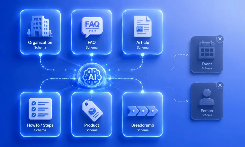 Schema Markup for AEO diagram highlighting Organization, FAQ, Article, Product, HowTo, and Breadcrumb schema types that improve AI understanding and answer visibility.