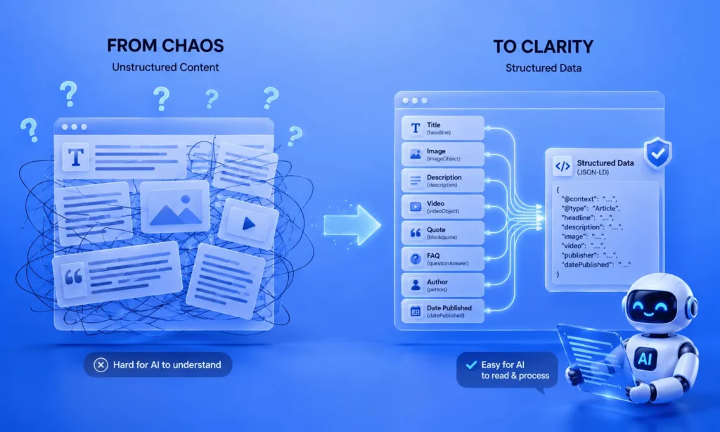 Schema Markup for AEO illustration showing how unstructured website content is transformed into structured data that AI systems can easily understand and process.