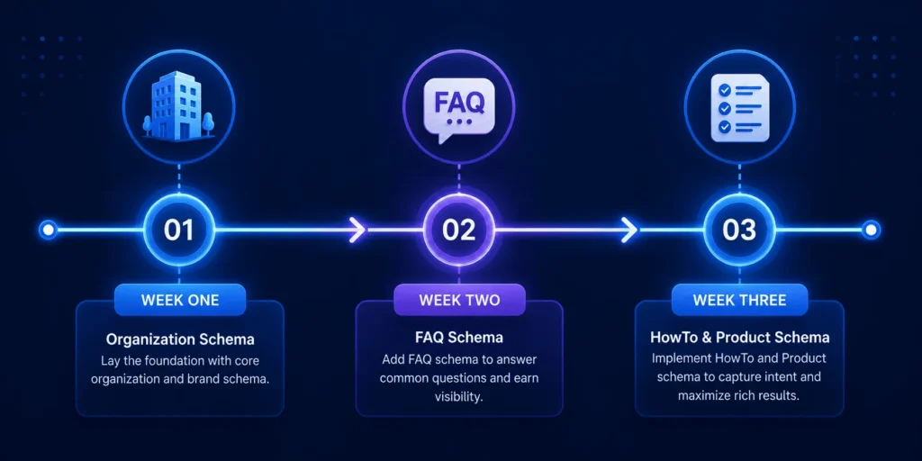 Schema Markup for AEO implementation roadmap showing a three-week rollout plan covering Organization, FAQ, Product, and HowTo schema deployment for AI optimization.