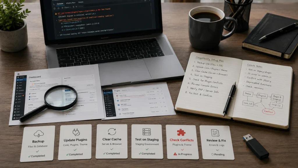 WordPress 7.0 admin dashboard broken troubleshooting checklist for backup, updates, testing, and fixes