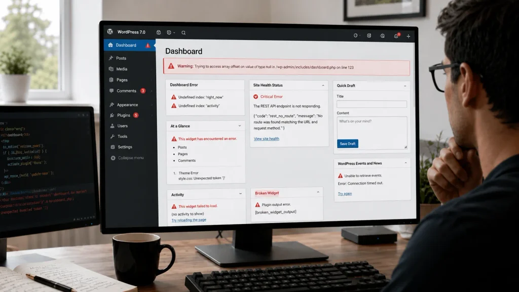 WordPress 7.0 admin dashboard error after update caused by plugin and compatibility issues